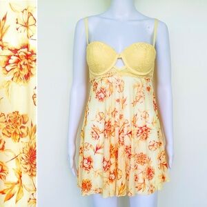 French Affair Babydoll Nightgown Lace Padded Bra Yellow/Orange Floral Sheer